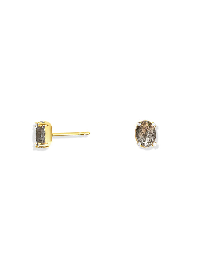 "IPANEMA" GREY RUTILATED QUARTZ, DIAMONDS AND 18KT GOLD SMALL STUD EARRINGS