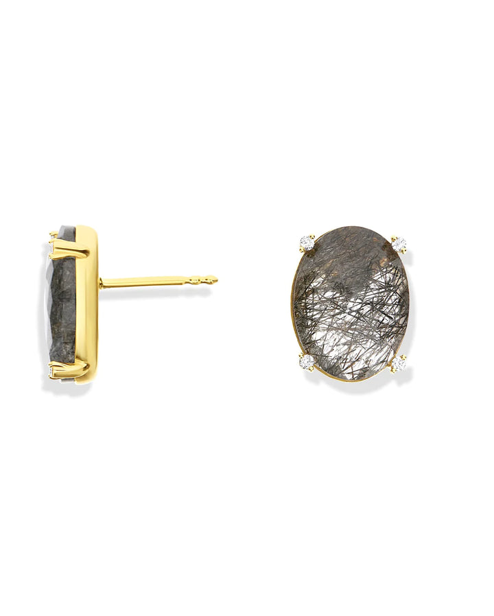 "IPANEMA" GREY RUTILATED QUARTZ, DIAMONDS AND 18KT GOLD BIG STUD EARRINGS