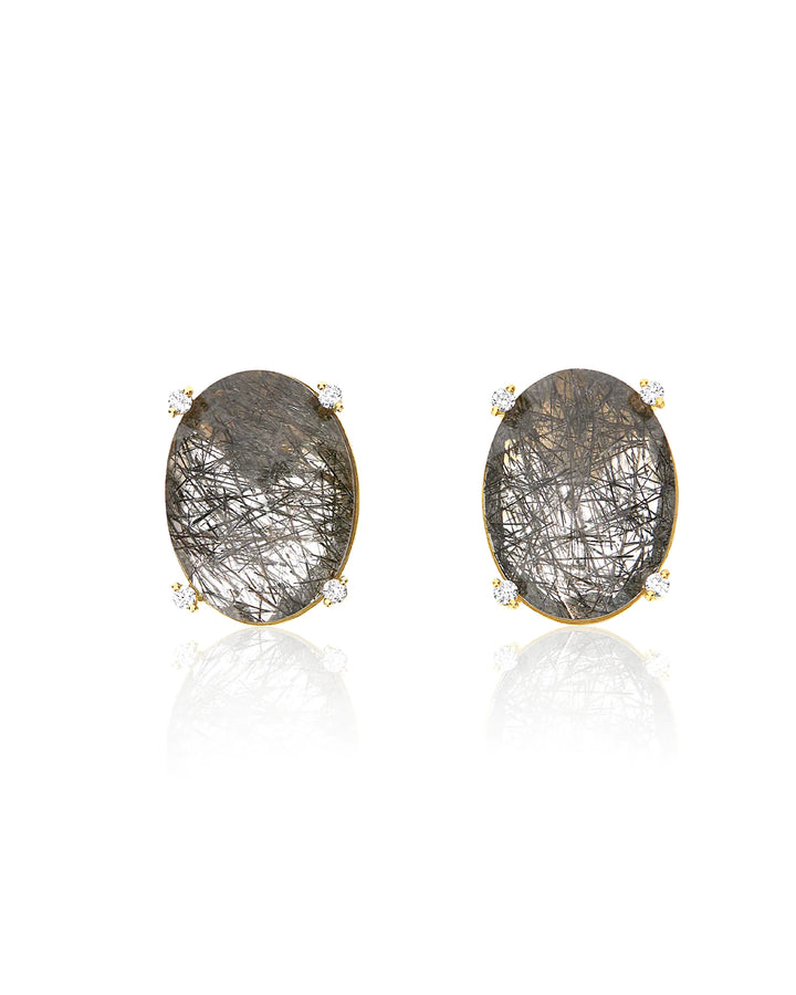 "IPANEMA" GREY RUTILATED QUARTZ, DIAMONDS AND 18KT GOLD BIG STUD EARRINGS