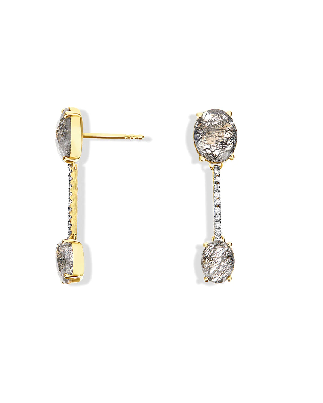 "IPANEMA" GREY RUTILATED QUARTZ, DIAMONDS AND 18KT GOLD BARS EARRINGS