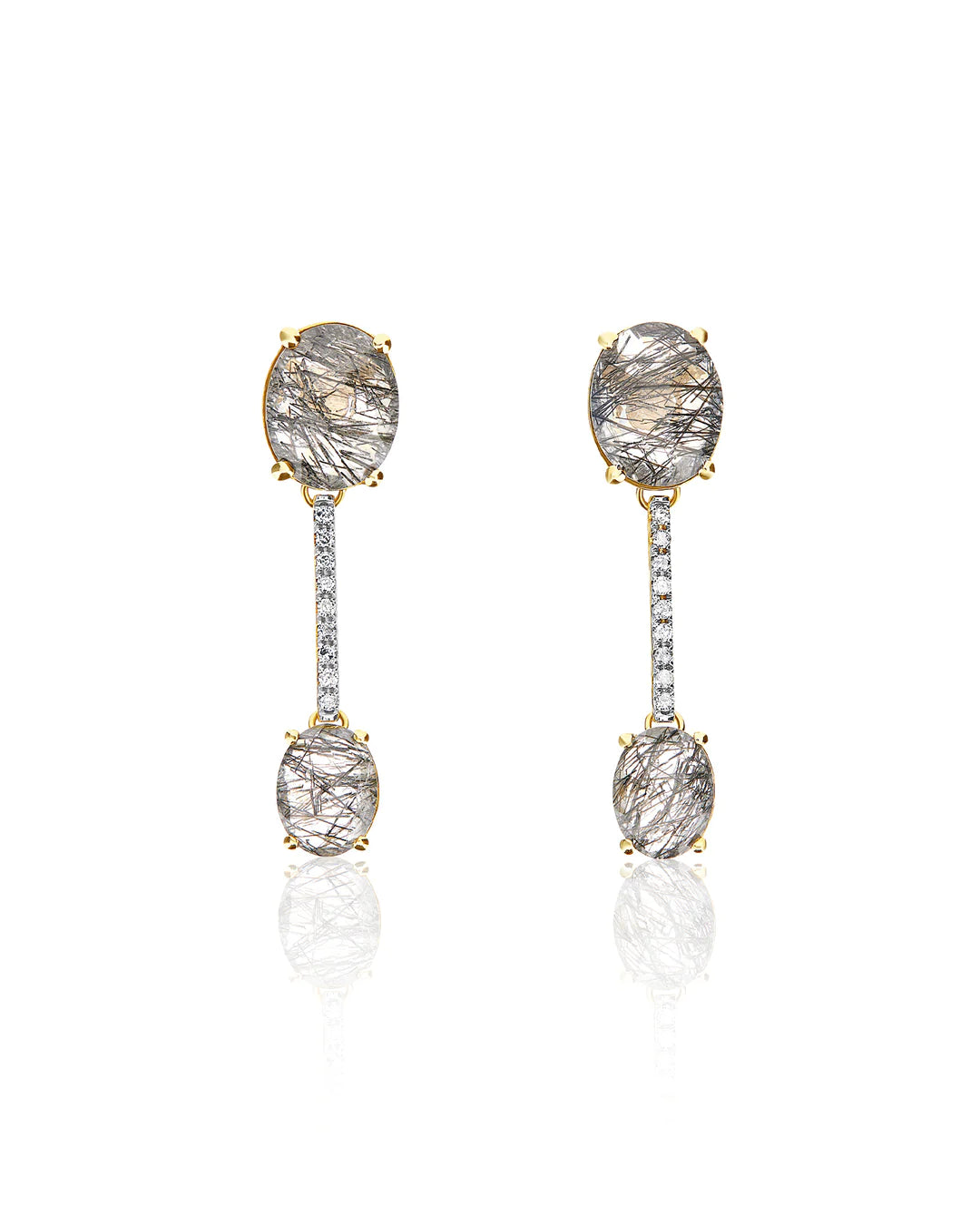 "IPANEMA" GREY RUTILATED QUARTZ, DIAMONDS AND 18KT GOLD BARS EARRINGS