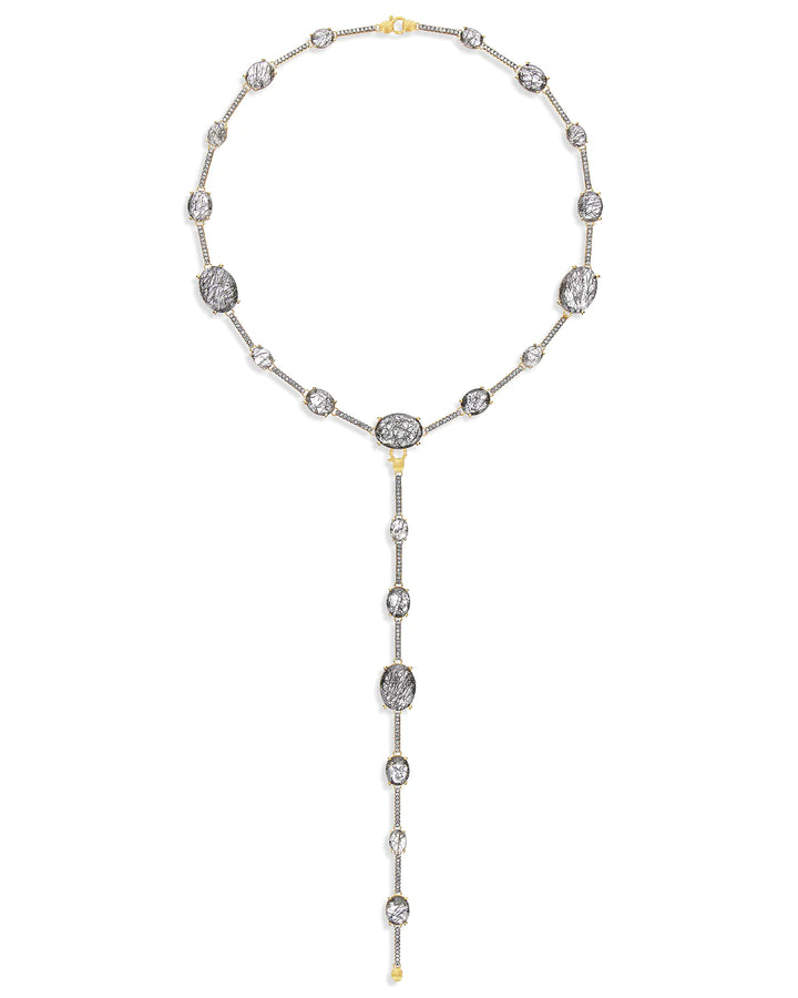 "ARIA" GREY RUTILATED QUARTZ, DIAMONDS AND GOLD BARS COLLAR NECKLACE