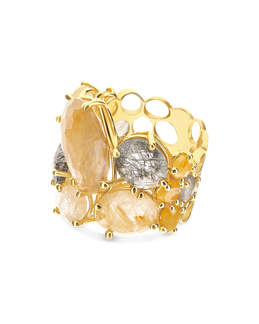 "IPANEMA" GOLD AND RUTILATED QUARTZ BAND RING