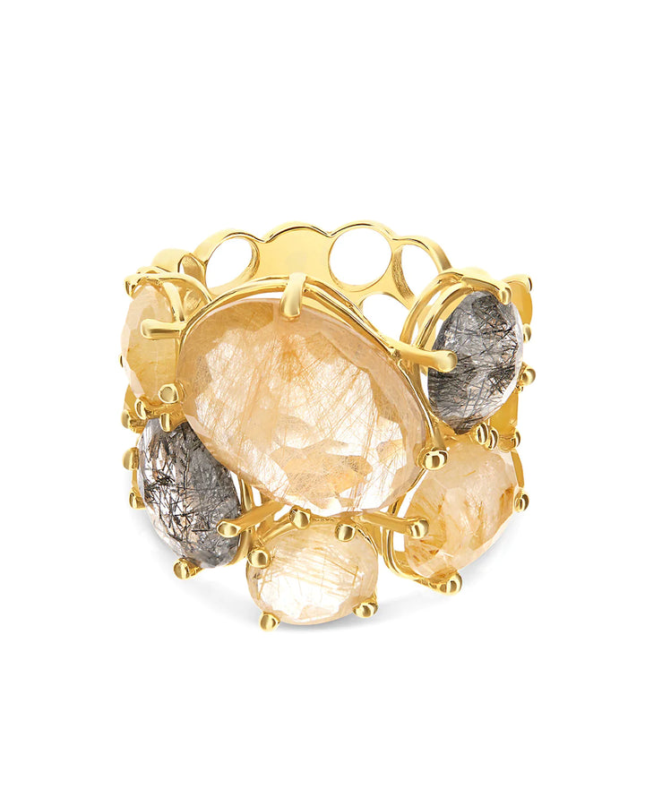 "IPANEMA" GOLD AND RUTILATED QUARTZ BAND RING