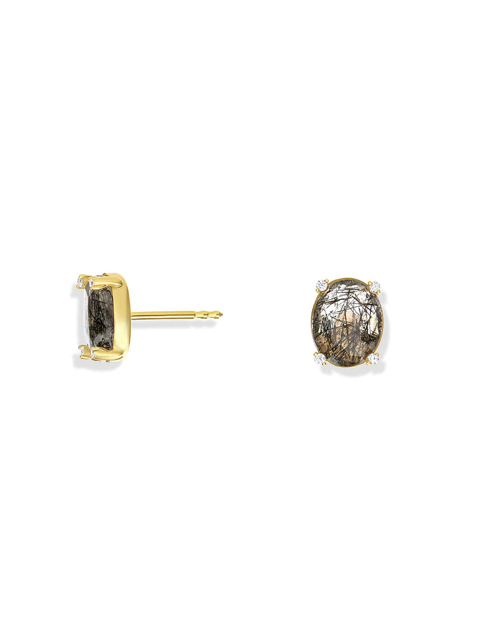 "IPANEMA" GREY RUTILATED QUARTZ, DIAMONDS AND 18KT GOLD MEDIUM STUD EARRINGS