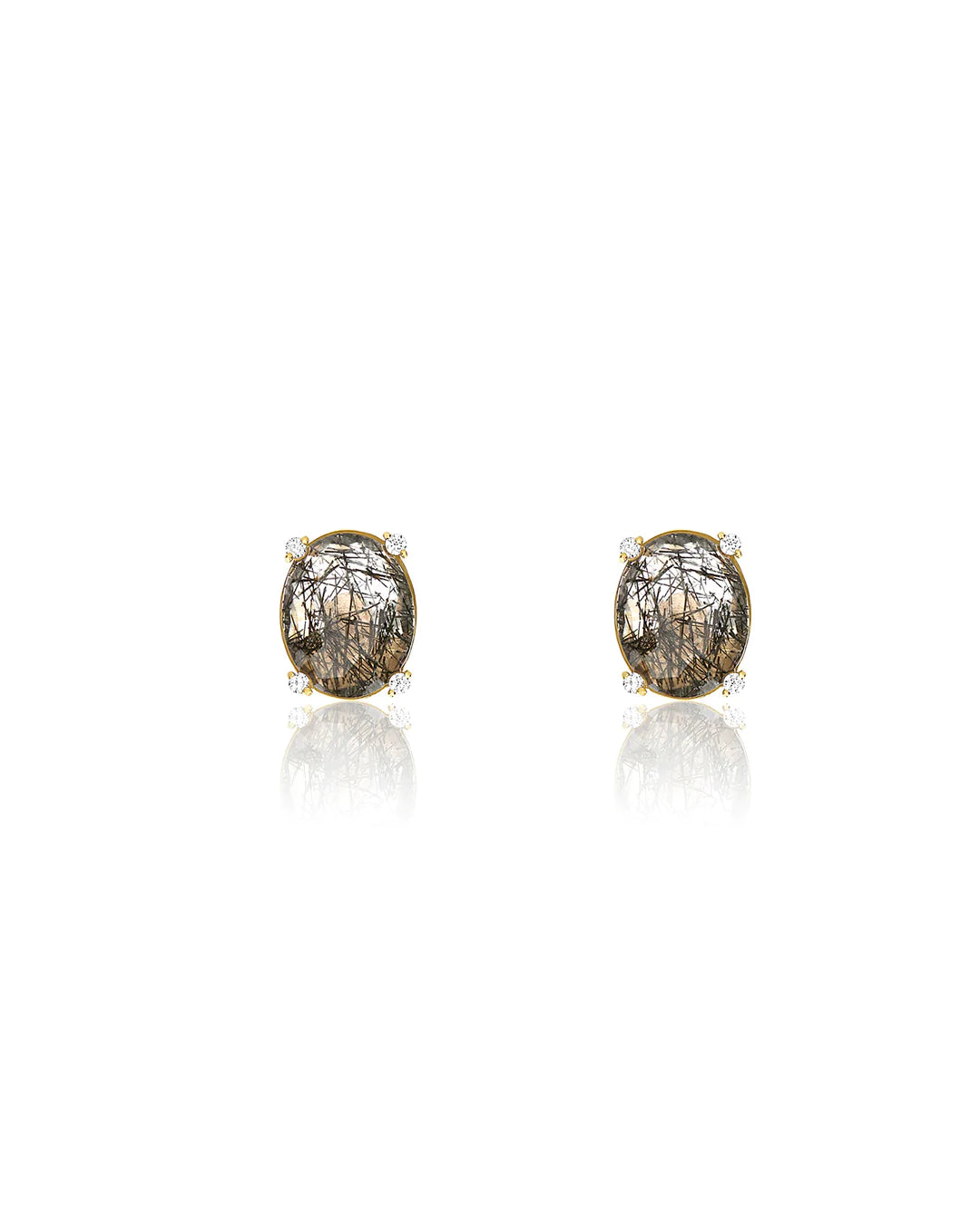 "IPANEMA" GREY RUTILATED QUARTZ, DIAMONDS AND 18KT GOLD MEDIUM STUD EARRINGS