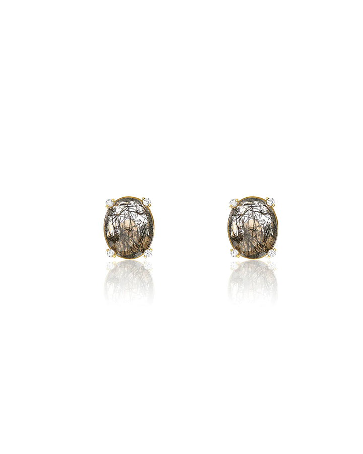 "IPANEMA" GREY RUTILATED QUARTZ, DIAMONDS AND 18KT GOLD MEDIUM STUD EARRINGS