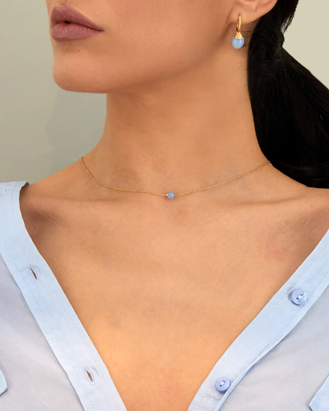 "AZURE" GOLD AND MILKY AQUAMARINE NECKLACE (SMALL)