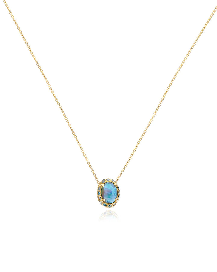 "REVERSE" GOLD, BLUE DIAMONDS, SWISS BLUE TOPAZ, GREEN SAPPHIRES AND LONDON BLUE TOPAZ DOUBLE-FACE NECKLACE