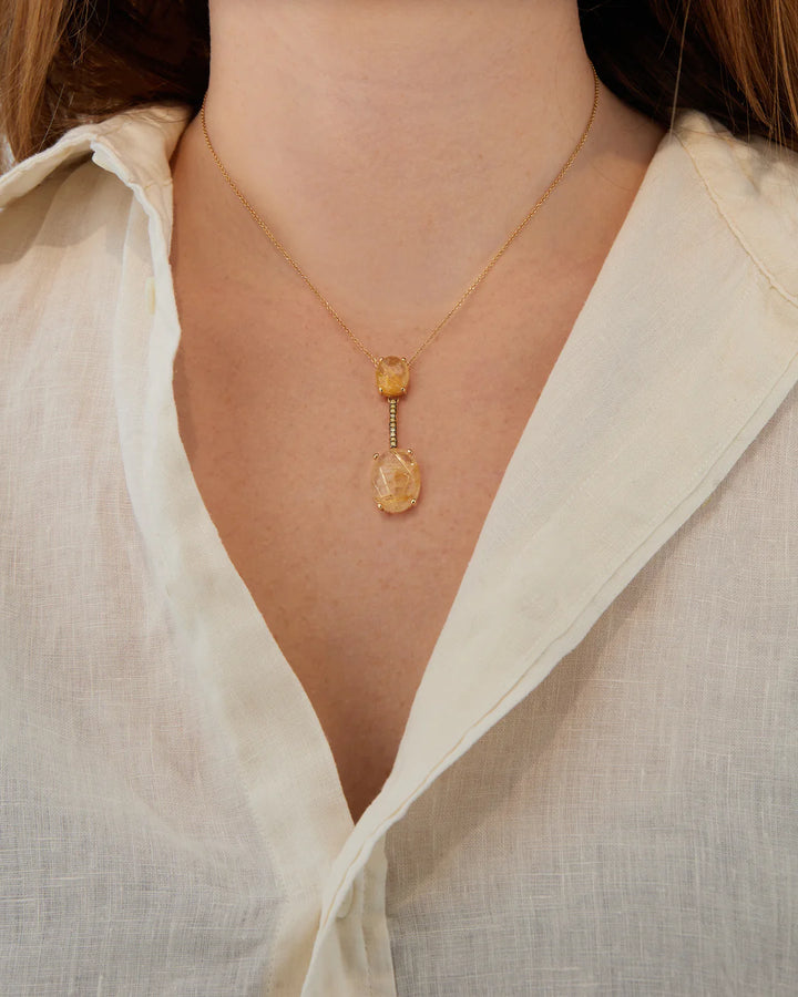"IPANEMA" YELLOW RUTILATED QUARTZ, DIAMONDS AND 18KT GOLD BAR NECKLACE