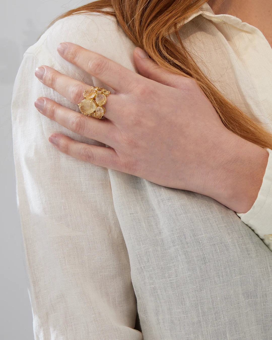 "IPANEMA" GOLD AND YELLOW RUTILATED QUARTZ BAND RING