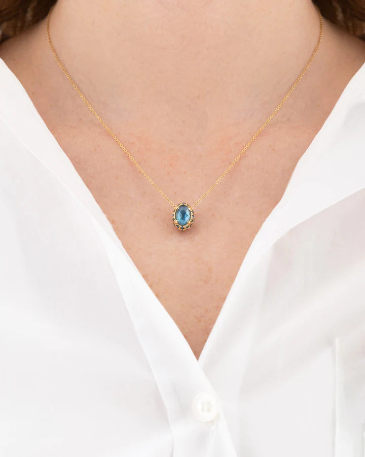 "REVERSE" GOLD, BLUE DIAMONDS, SWISS BLUE TOPAZ, GREEN SAPPHIRES AND LONDON BLUE TOPAZ DOUBLE-FACE NECKLACE