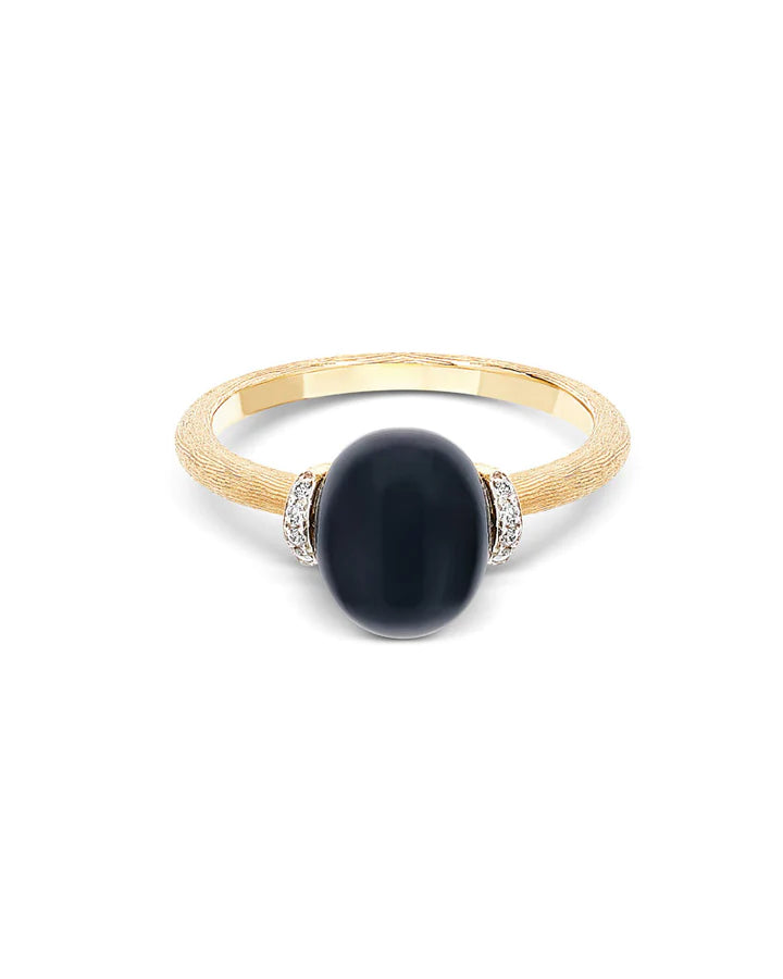 "MYSTERY BLACK" GOLD AND DIAMONDS RING WITH BLACK ONYX BOULE (MEDIUM)