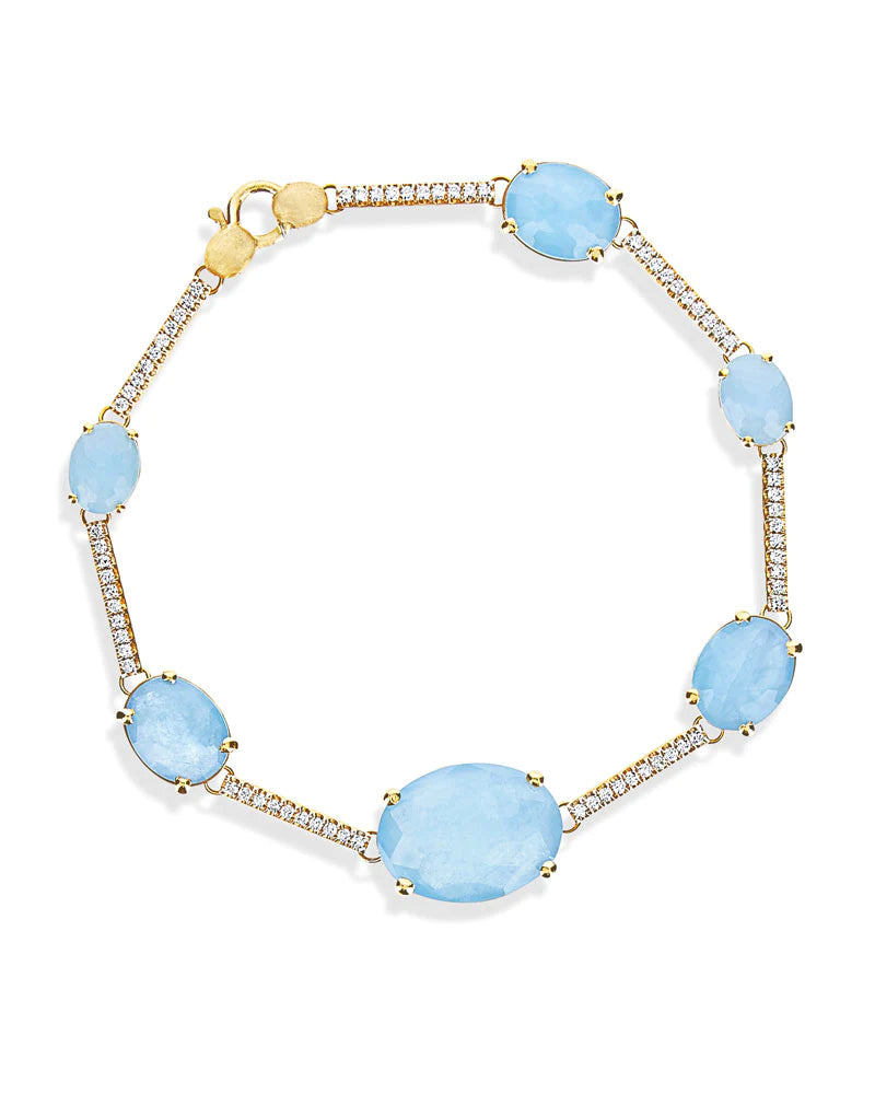 "ARIA" GOLD, AQUAMARINE BOULES AND DIAMONDS BARS BRACELET