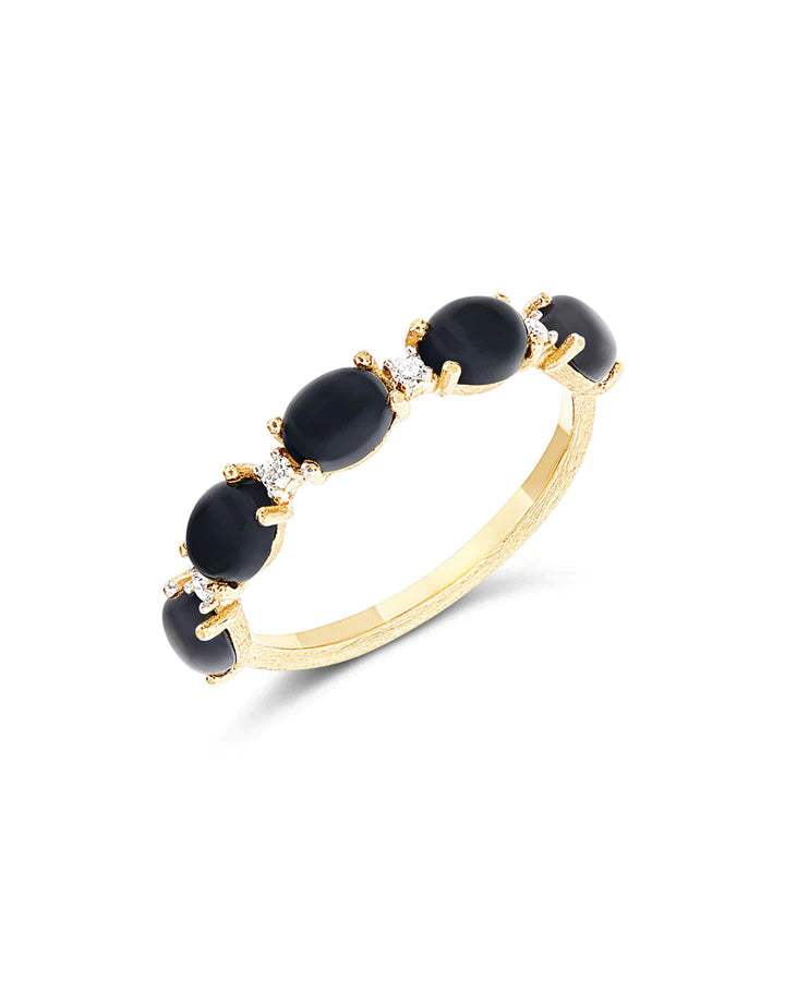 "MYSTERY BLACK" BLACK ONYX BOULES, GOLD AND DIAMOND ACCENTS RING