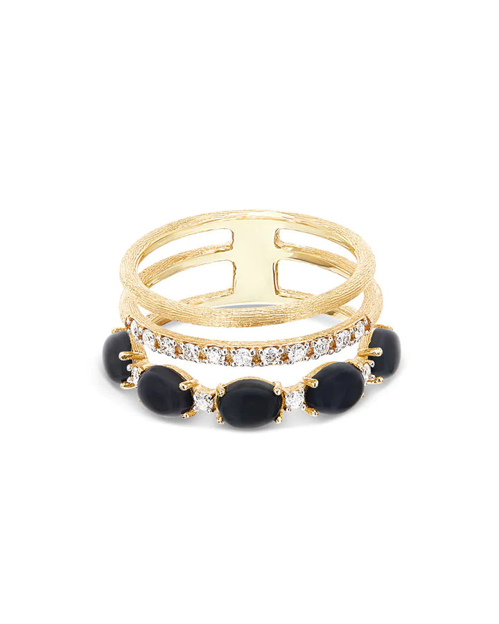 "MYSTERY BLACK" GOLD, DIAMONDS AND BLACK ONYX BOULES TRIPLE-BAND RING