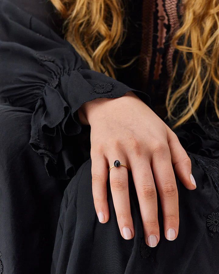 "MYSTERY BLACK" GOLD AND DIAMONDS RING WITH BLACK ONYX BOULE (SMALL)