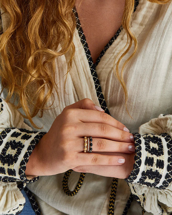 "MYSTERY BLACK" DIAMONDS PAVÉ, GOLD AND BLACK ONYX BOULES TRIPLE-BAND RING