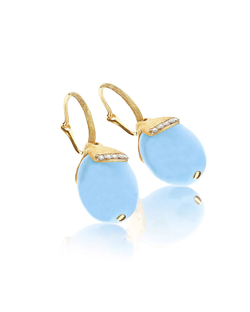 "AZURE" CILIEGINE GOLD AND MILKY AQUAMARINE BALL DROP EARRINGS WITH DIAMONDS DETAILS (LARGE)