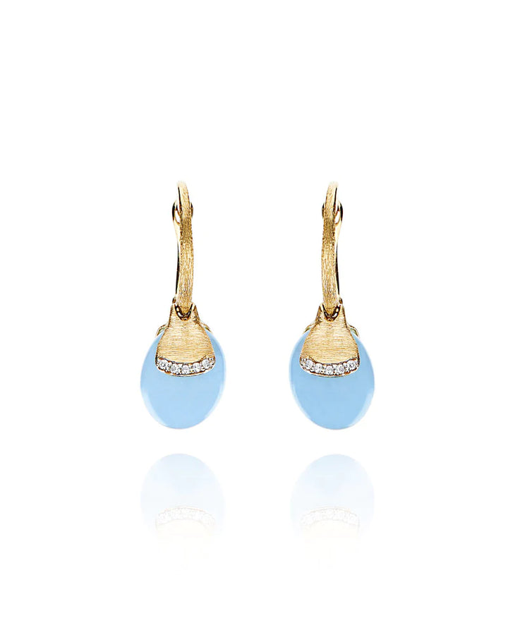 "AZURE" CILIEGINE GOLD AND MILKY AQUAMARINE BALL DROP EARRINGS WITH DIAMONDS DETAILS (SMALL)