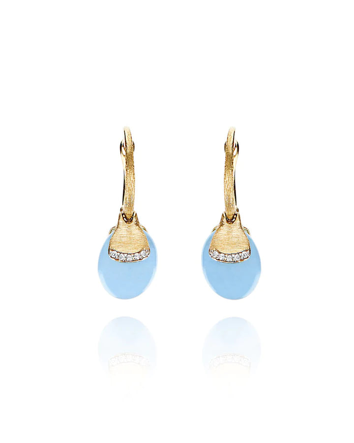 AZURE "AMULETS" CILIEGINE GOLD AND MILKY AQUAMARINE BALL DROP EARRINGS WITH DIAMONDS DETAILS (SMALL)