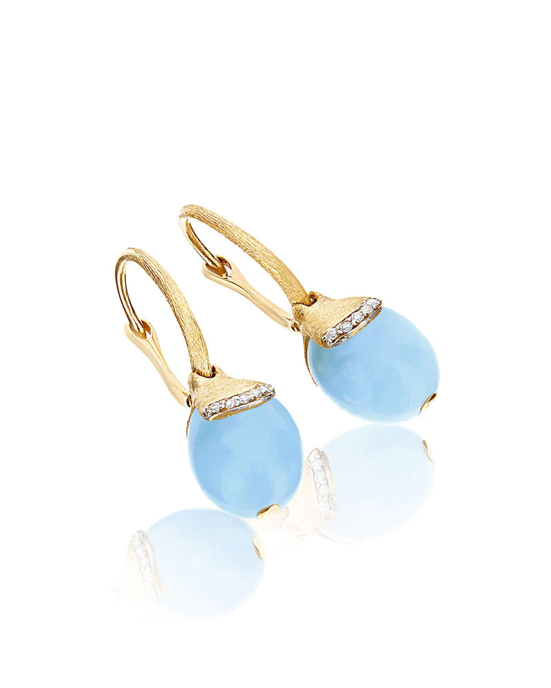 "AZURE" CILIEGINE GOLD AND MILKY AQUAMARINE BALL DROP EARRINGS WITH DIAMONDS DETAILS (SMALL)