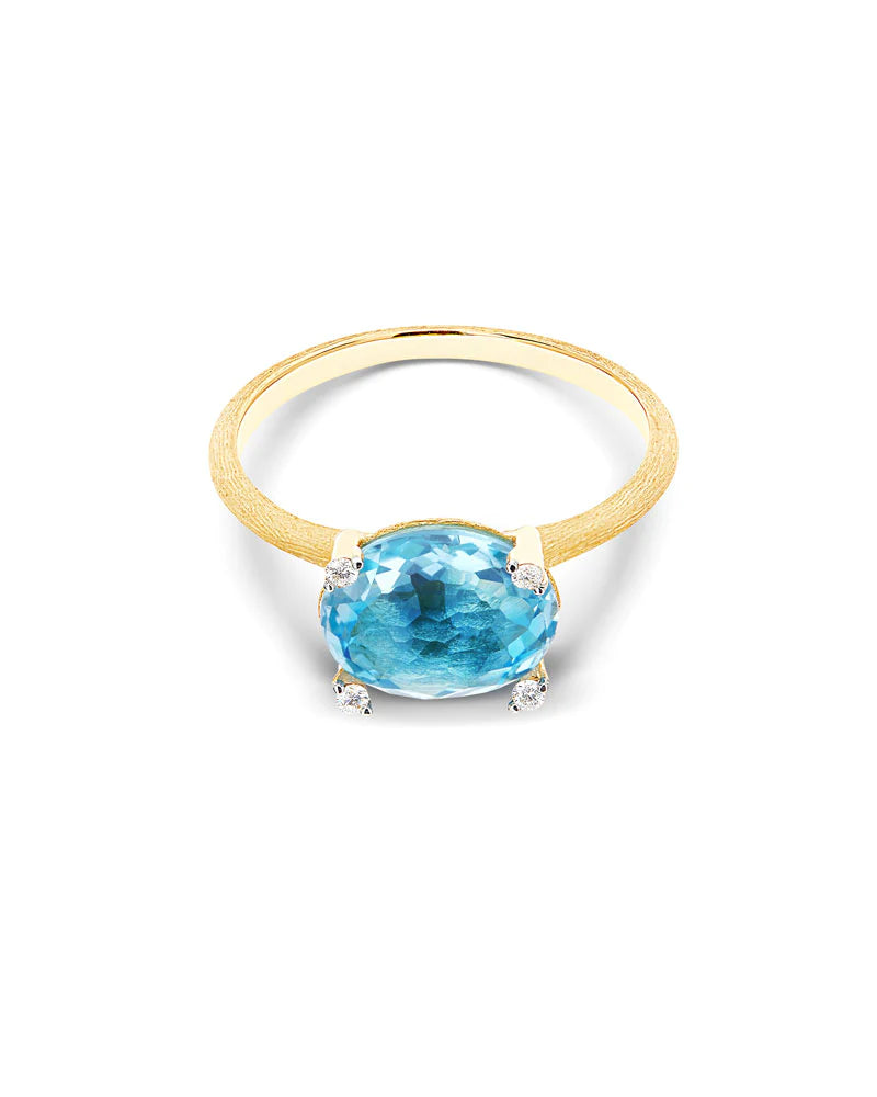 "IPANEMA" GOLD , BLUE TOPAZ AND DIAMONDS RING