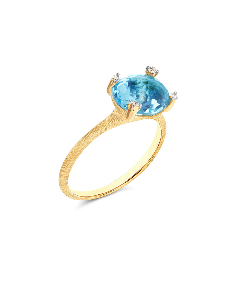 "IPANEMA" GOLD , BLUE TOPAZ AND DIAMONDS RING