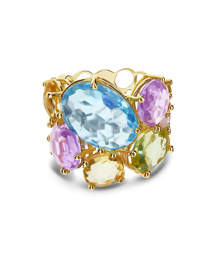 "IPANEMA" GOLD , AMETHYST, BLUE TOPAZ AND QUARTZ BAND RING