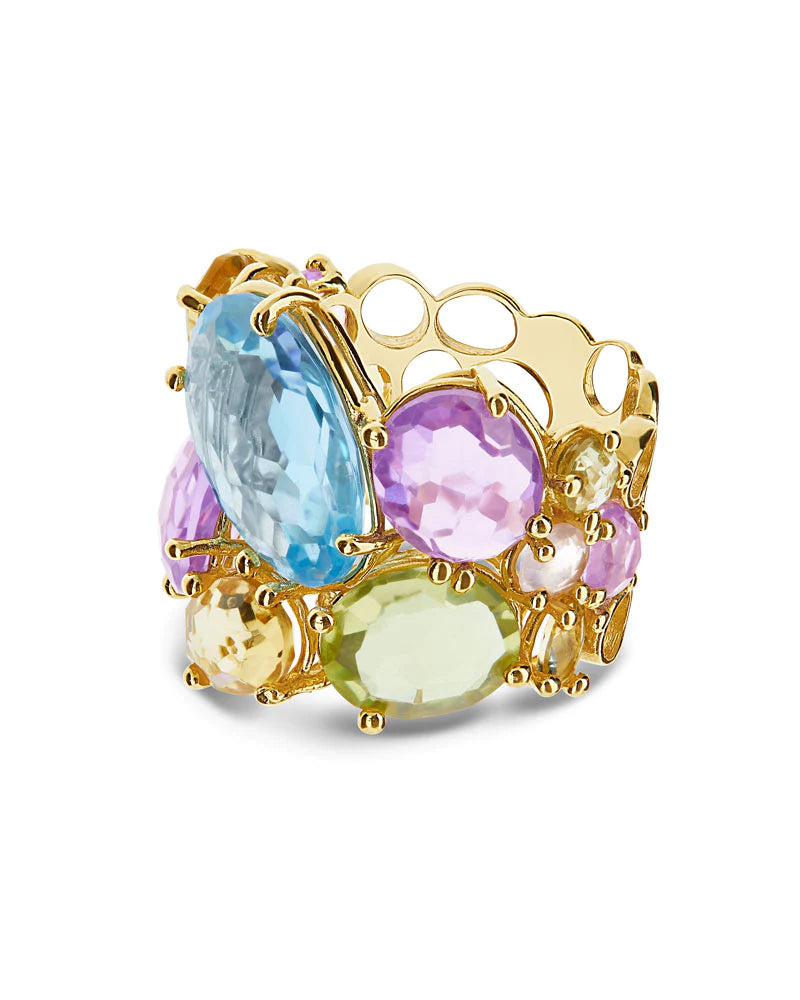 "IPANEMA" GOLD , AMETHYST, BLUE TOPAZ AND QUARTZ BAND RING