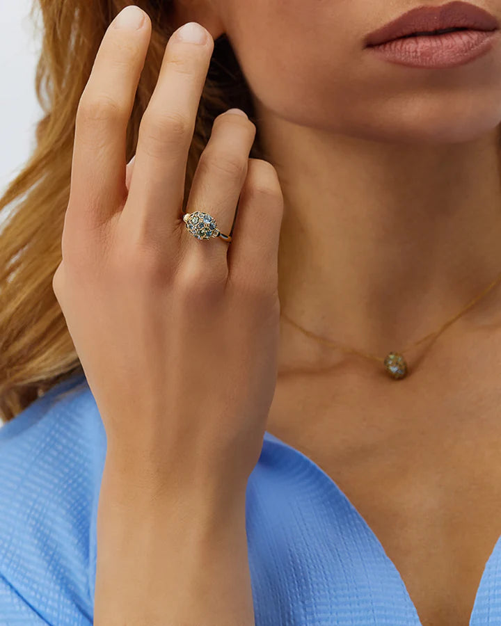 "REVERSE" GOLD, BLUE DIAMONDS, SWISS BLUE TOPAZ, GREEN SAPPHIRES AND LONDON BLUE TOPAZ DOUBLE-FACE RING (SMALL)