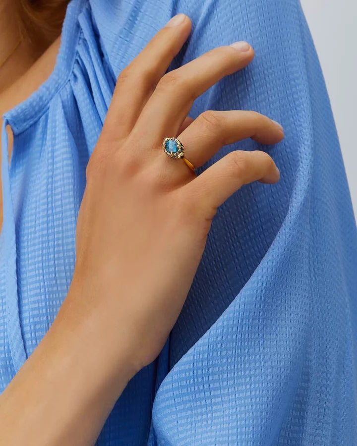 "REVERSE" GOLD, BLUE DIAMONDS, SWISS BLUE TOPAZ, GREEN SAPPHIRES AND LONDON BLUE TOPAZ DOUBLE-FACE RING (SMALL)