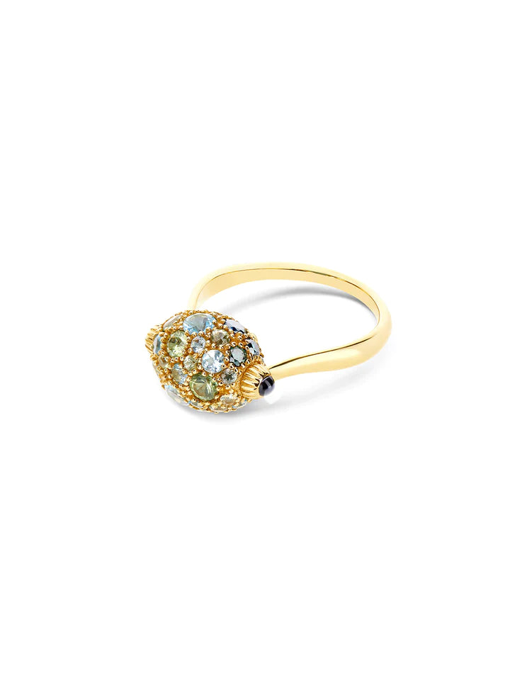 "REVERSE" GOLD, BLUE DIAMONDS, SWISS BLUE TOPAZ, GREEN SAPPHIRES AND LONDON BLUE TOPAZ DOUBLE-FACE RING (SMALL)