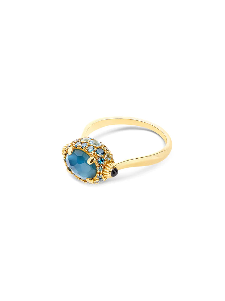 "REVERSE" GOLD, BLUE DIAMONDS, SWISS BLUE TOPAZ, GREEN SAPPHIRES AND LONDON BLUE TOPAZ DOUBLE-FACE RING (SMALL)