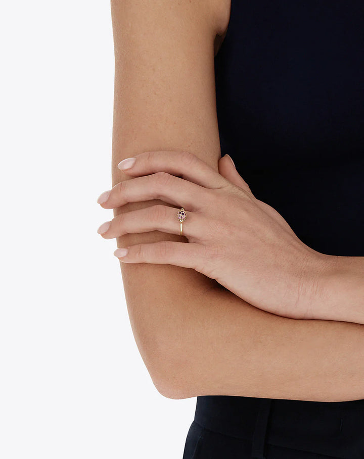 DOUBLE SIDED “REVERSE BABY” GOLD RING WITH DIAMONDS, TSAVORITE, AMETHYST, GREEN LABRADORITE AND ROCK CRYSTAL