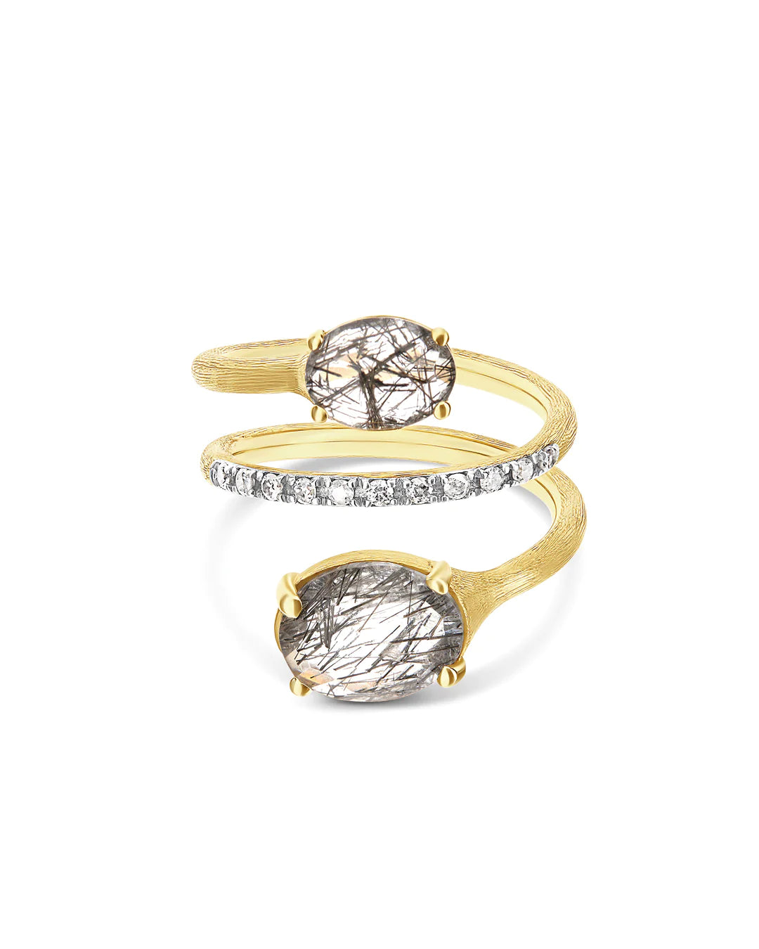 "IPANEMA" GREY RUTILATED QUARTZ, DIAMONDS AND 18KT GOLD SPIRAL RING (LARGE)