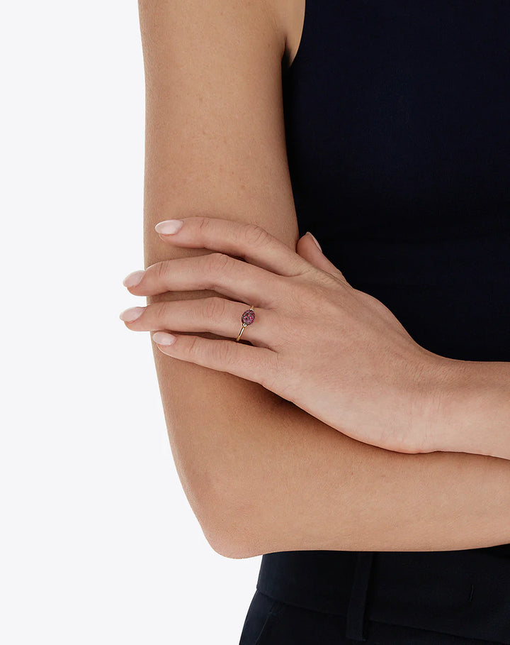 DOUBLE-SIDED “REVERSE BABY” GOLD RING WITH PINK SAPPHIRES, RUBIES, AUSTRALIAN WHITE OPAL AND DIAMONDS