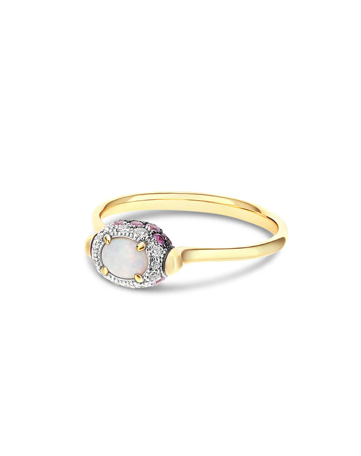 DOUBLE-SIDED “REVERSE BABY” GOLD RING WITH PINK SAPPHIRES, RUBIES, AUSTRALIAN WHITE OPAL AND DIAMONDS
