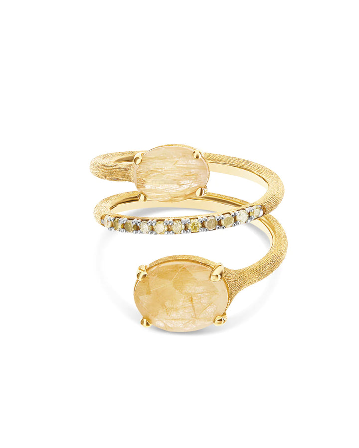 "IPANEMA" YELLOW RUTILATED QUARTZ, DIAMONDS AND 18KT GOLD SPIRAL RING