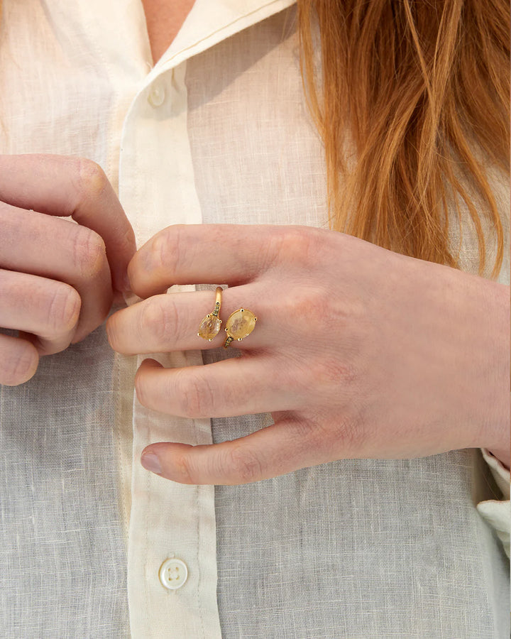 "IPANEMA" YELLOW RUTILATED QUARTZ, DIAMONDS AND 18KT GOLD OPEN RING (SMALL)