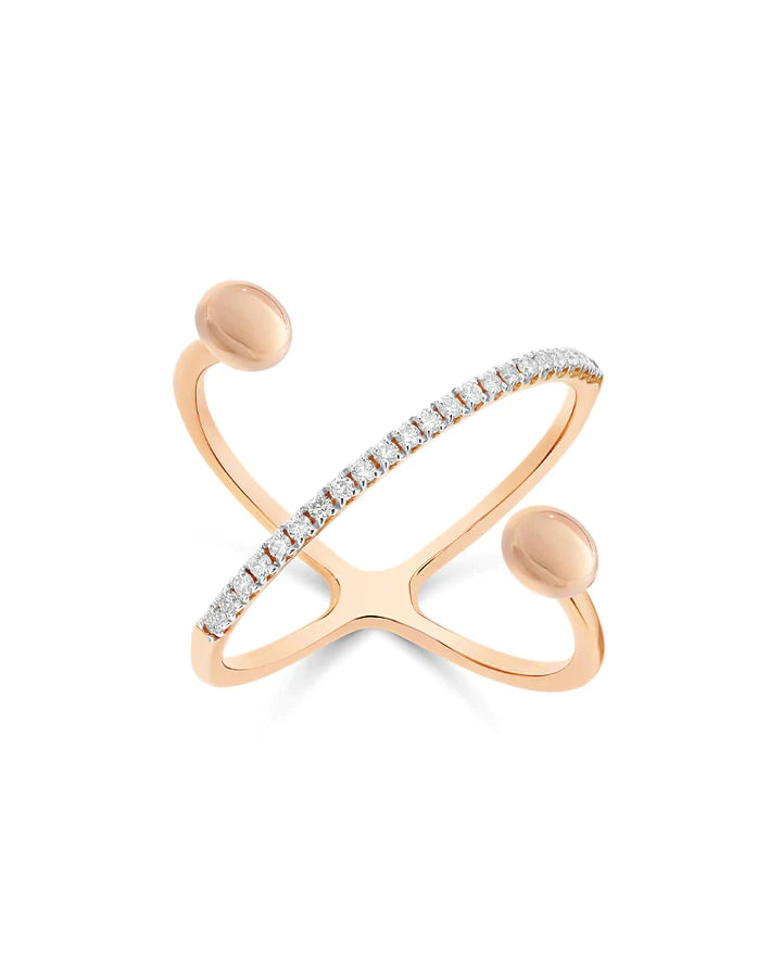 "DANCING ÉLITE" ROSE GOLD BOULES AND DIAMONDS CRISS CROSS RING (SMALL)
