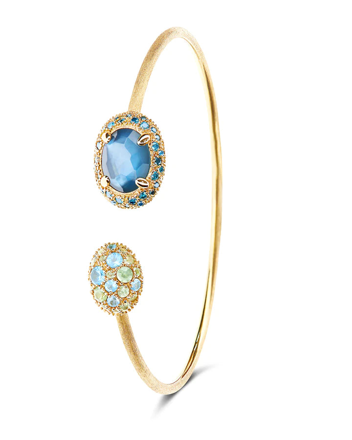 "REVERSE" GOLD, BLUE DIAMONDS, SWISS BLUE TOPAZ, GREEN SAPPHIRES AND LONDON BLUE TOPAZ BANGLE