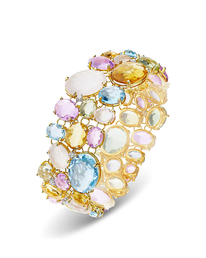 "IPANEMA" GOLD, AMETHYST, BLUE TOPAZ, QUARTZ AND DIAMONDS CUFF BRACELET