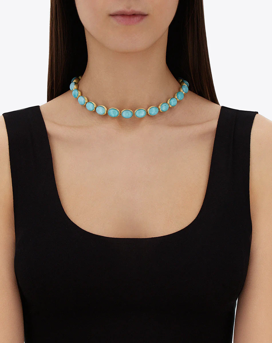 ANICE “MUSE” DOUBLE-SIDED BEADED CHOKER IN ENGRAVED GOLD, AMAZONITE AND ROCK CRYSTAL (SMALL)