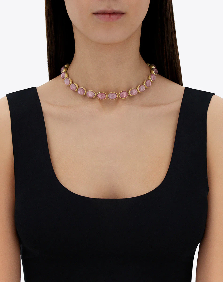 ROSOLIO “MUSE” DOUBLE-SIDED BEADED CHOKER IN ENGRAVED GOLD, STRAWBERRY QUARTZ AND ROCK CRYSTAL (SMALL)