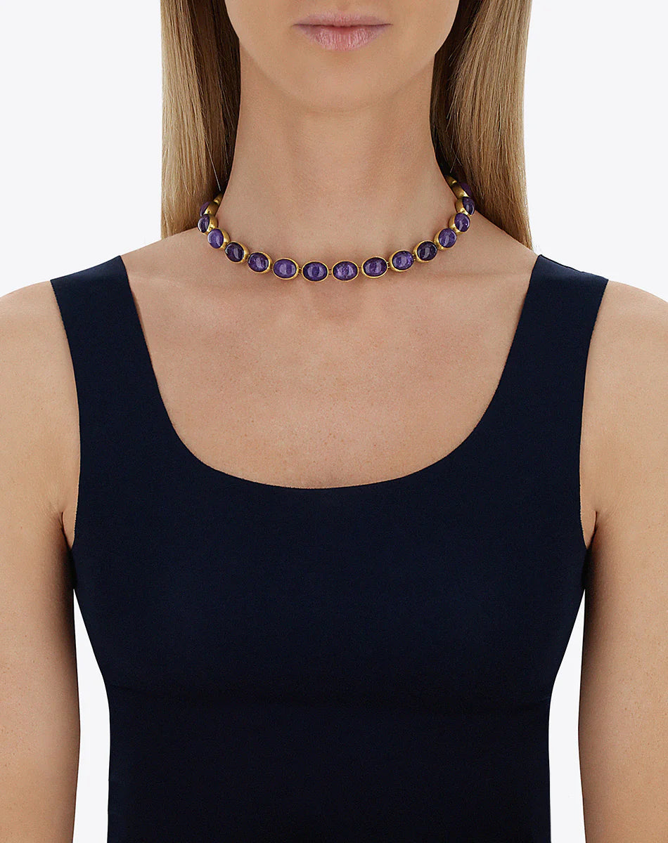VIOLETTA “MUSE” DOUBLE-SIDED BEADED CHOKER IN ENGRAVED GOLD, LEPIDOLITE AND MOTHER-OF-PEARL (SMALL)