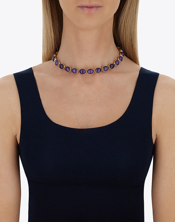 VIOLETTA “MUSE” DOUBLE-SIDED BEADED CHOKER IN ENGRAVED GOLD, LEPIDOLITE AND MOTHER-OF-PEARL (SMALL)