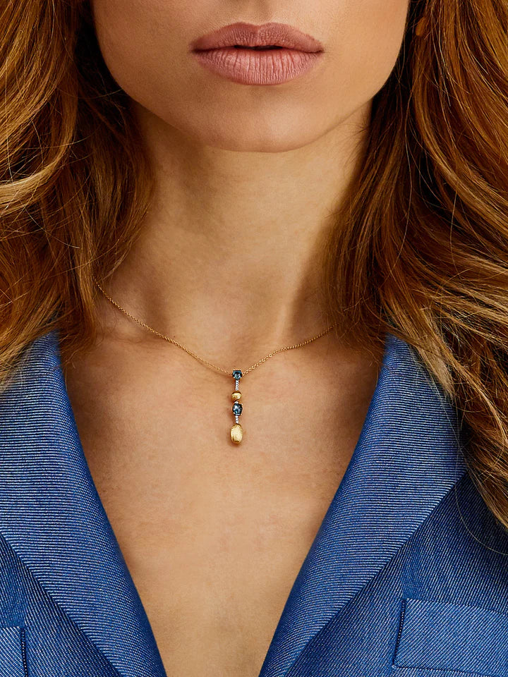 "AZURE" GOLD, DIAMONDS BARS AND LONDON BLUE TOPAZ DAINTY LONG NECKLACE