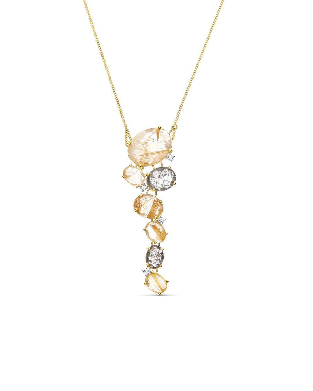 "IPANEMA" GOLD, GREY AND YELLOW RUTILATED QUARTZ AND DIAMONDS PENDANT NECKLACE