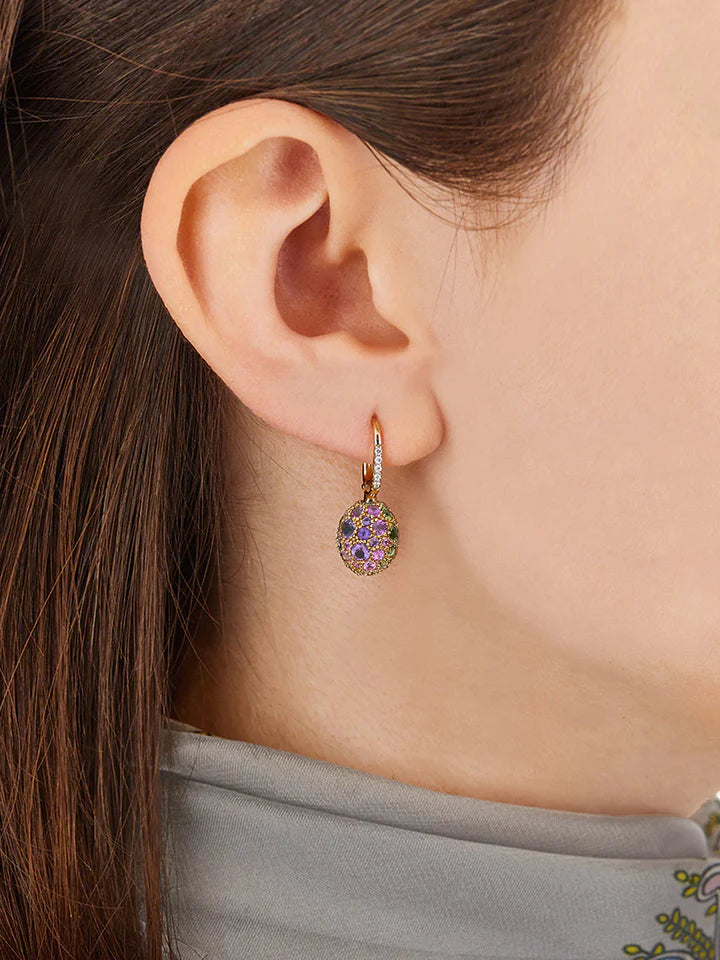 "REVERSE" CILIEGINE GOLD, SAPPHIRE, TSAVORITE, AMETHYST, GREEN LABRADORITE AND ROCK CRYSTAL DOUBLE-FACE BALL DROP EARRINGS (SMALL)